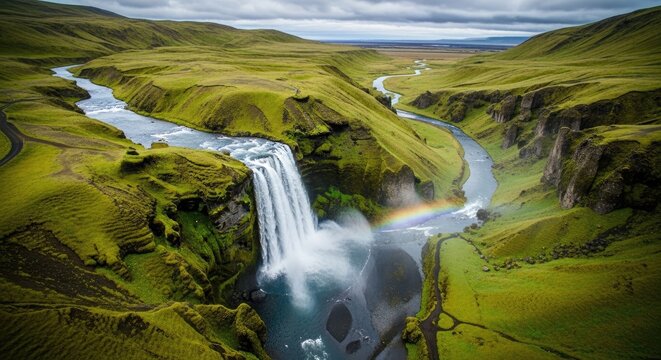 A breathtaking aerial view of a river flowing through a lush green valley with a majestic waterfall cascading down into a deep canyon, 
