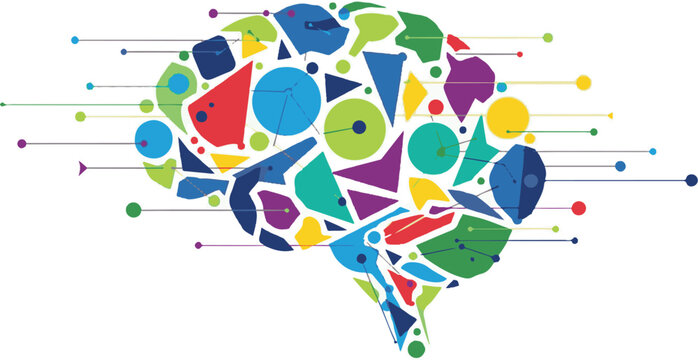 abstract vector design showing a human brain made of colorful geometric shapes connected with lines, symbolizing creativity and innovation, white background, minimal and modern style
