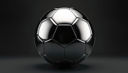 Naklejka premium Polished metal soccer ball on dark background. Sphere features classic pentagon hexagon pattern. Perfect for sports, luxury or abstract themes.