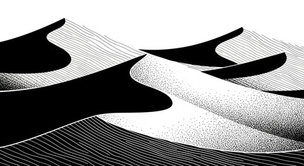 Striking black and white illustration of undulating sand dunes under a bright sky, emphasizing texture and form. © Avoxel