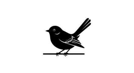 A simple, stylized black silhouette of a small bird perched on a thin horizontal line against a white background. © Avoxel