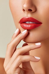 Naklejka premium Close-up of red lips and manicured fingers touching chin in sensual beauty portrait
