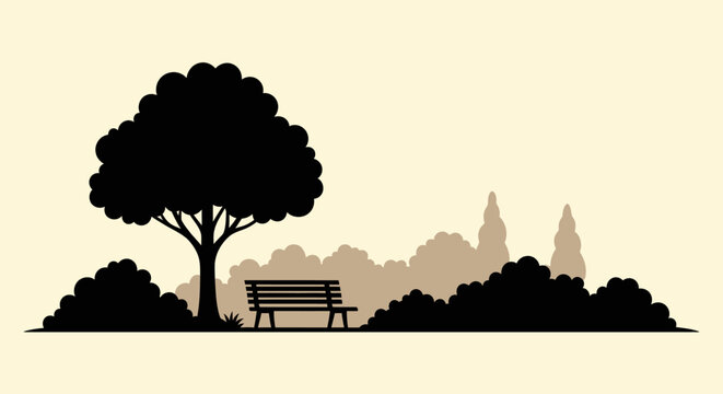 A solitary park bench sits beneath the silhouette of a large, leafy tree, surrounded by dense bushes and distant trees.