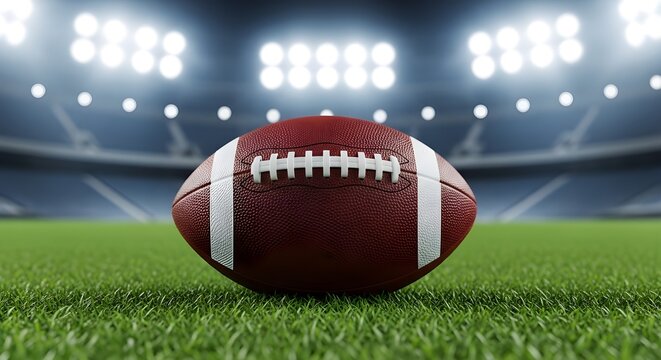 American football on a vibrant green field under stadium lights a symbol of sport and competition