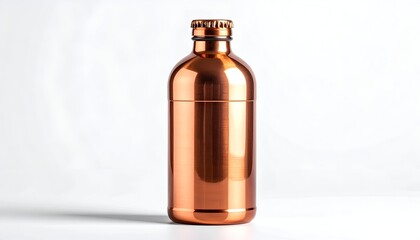 Fototapeta premium A tall, metallic bottle with a distinctive copper-colored finish stands upright against a clean, white background, its cap securely fastened