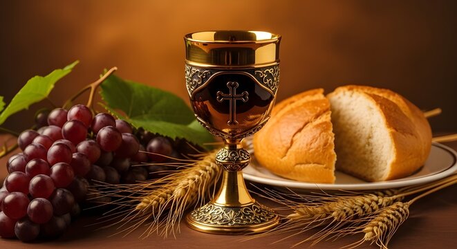 Still life with eucharistic elements a golden chalice bread grapes and wheat representing communion and faith