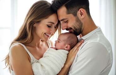 Fototapeta premium Loving parents embrace newborn baby. Woman and man hold infant close together. Happy family shows pure joy and tenderness. New life begins with deep affection.