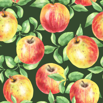 Seamless pattern of apples and leaves deep green