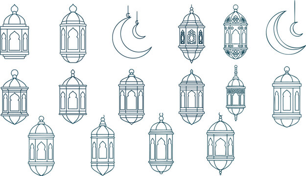 Ramadan and Islamic Lantern Icon Set with Crescent Moon, Ornate Lanterns, and Decorative Symbols for Religious and Cultural Designs
