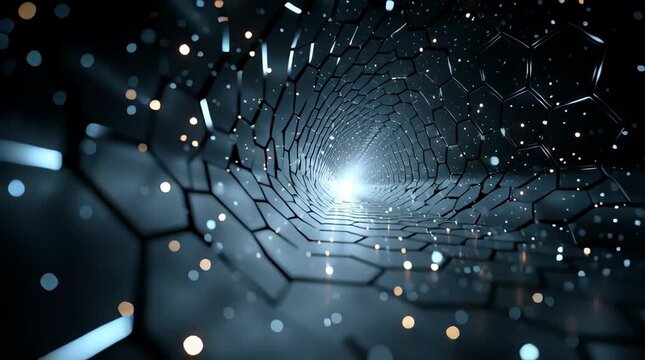 abstract blockchain vault tunnel made of dark cubes with golden sparks