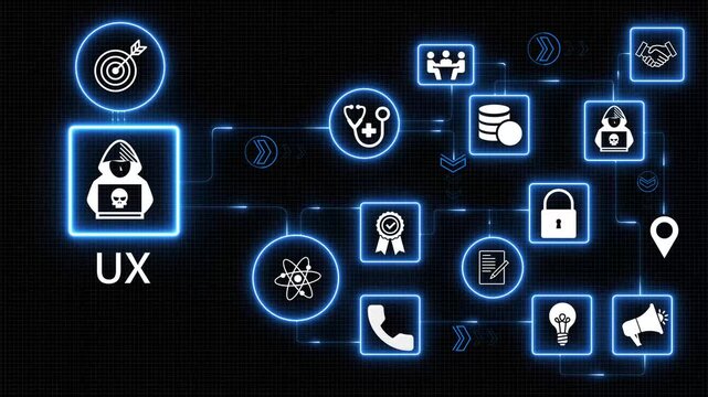 User experience UX design icons network with glowing blue digital interface usability interaction system modern application concept motion graphics transparent background 4k visuals
