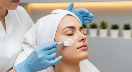 Naklejka premium A skincare professional applies a facial mask to a woman's face. The woman is wearing a white towel around her head and closed eyes.