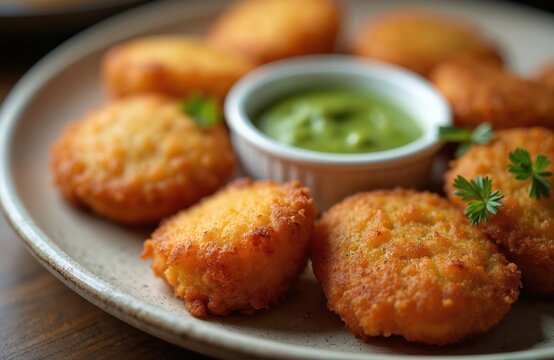 Golden brown potato fritters, often called Batata Vada, are served with green mint chutney on a ceramic plate. This popular Indian snack is fried golden and delicious. A tasty treat. Enjoy this dish.