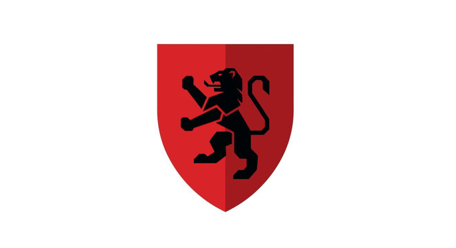 Heraldic Shield with Rampant Lion Emblem, Red and Black Design, Vector
