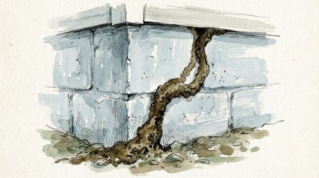Watercolor illustration showing termite shelter tubes climbing a concrete foundation wall. Represents structural damage and infestation risks. Ideal for pest control educational materials.