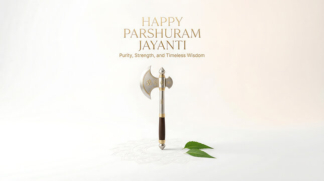 Parshuram jayanti celebration with traditional axe and leaves on white background