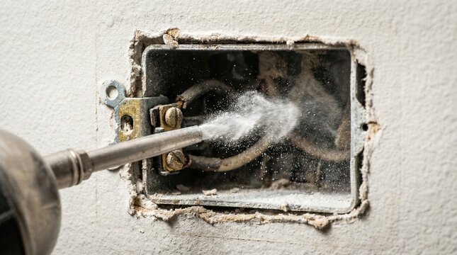 Insecticide dust sprayed into electrical outlet box. Professional extermination targeting hidden pests behind walls. Ideal for pest control services and home safety articles.