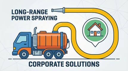 Naklejka premium A blue and orange truck with a long yellow hose circling a house icon. Represents professional pest control and industrial cleaning services. Ideal for marketing and commercial presentations.