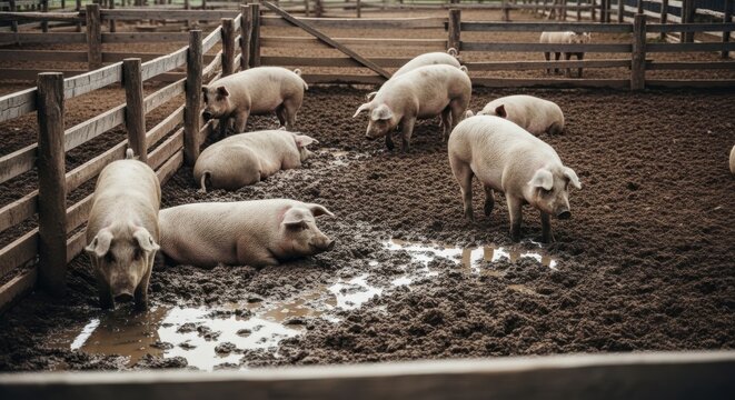 Pink pigs playfully wallow in deep mud within a rustic wooden farm pen, capturing a lively snapshot of animal husbandry and traditional agricultural life
