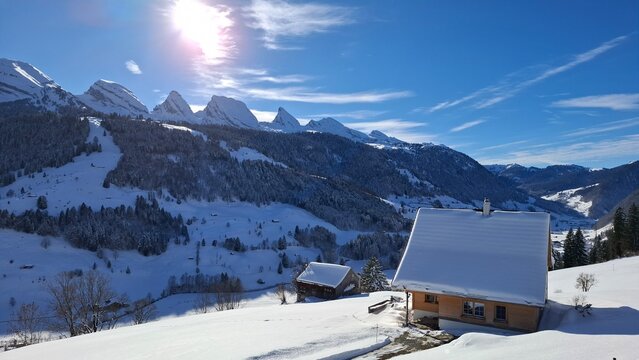 sunny morning with snowy Churfirsten view