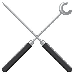 Naklejka premium Crossed metal tools with black handles, industrial design, cooking utensils.