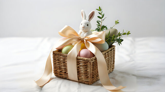 A modern Easter gift box with a white bunny and colorful eggs in a wicker basket adorned with a ribbon