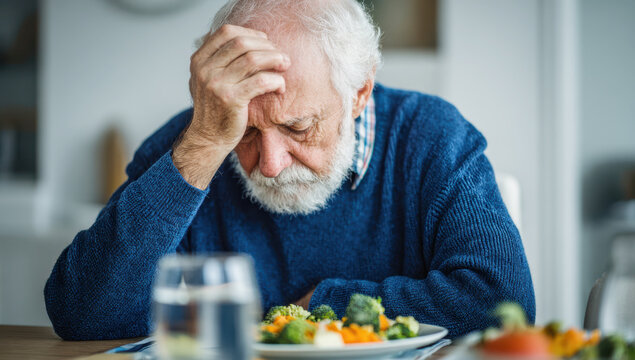 Senior man looking at plate of vegetables with sad expression, experiencing loss of appetite and loneliness