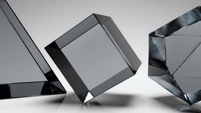 A sleek, modern still life showcases three geometric shapes &ndash; a triangle, a cube, and a tetrahedron &ndash; rendered in a dark, reflective material against a soft, gradient background.