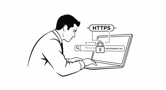 Man using laptop with secure HTTPS connection and padlock icon