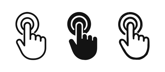 Fototapeta premium Hand click gesture icons for touch screen or UI elements, presented in three distinct styles.
