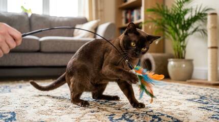 A sleek, brown cat intensely focuses on a feather toy being waved by a person. The cat is mid-leap, extending its paw to catch the toy.