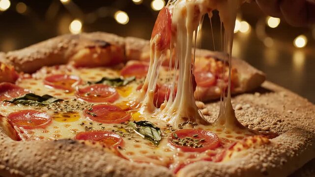 Hand Taking a Slice of Pepperoni Pizza with Melting Cheese Pull