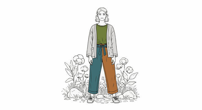 Line art of a person in two-toned pants and jacket standing among flowers and rocks