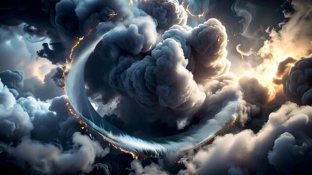 Celestial Rhapsody: A breathtaking spectacle of nature, a swirling vortex of clouds, dramatically illuminated by ethereal sunlight, evoking a sense of wonder and vastness.
