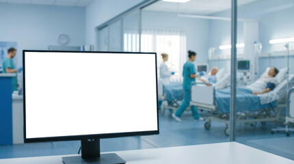 Fototapeta premium A large, blank monitor sits on a white table in a hospital room. Behind the monitor, a blurred view shows nurses attending to patients in beds.