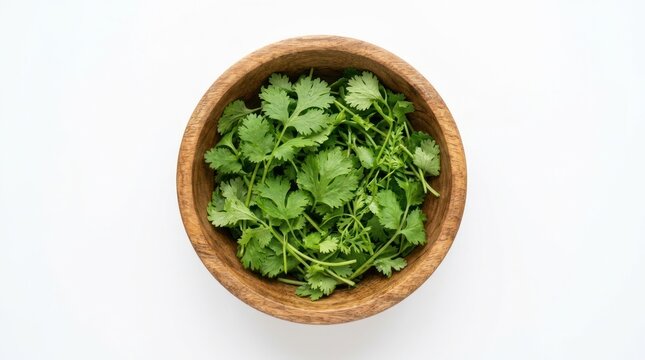 A wooden bowl filled with fresh cilantro leaves sits on a white surface. The vibrant green leaves create a visually appealing composition.