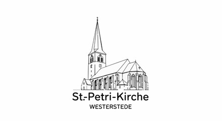 Naklejka premium Line drawing of a Gothic church with a tall spire and stained glass windows