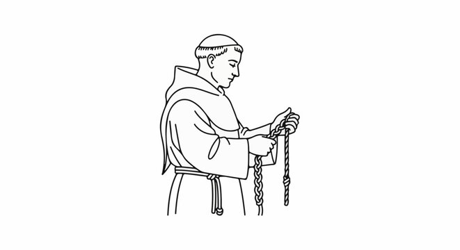 Line drawing of a monk in robes holding a knotted rope