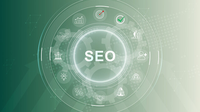 SEO. Search Engine optimization. Digital online marketing andInetrmet technology concept. 3d Motion graphics of technology icon interface background