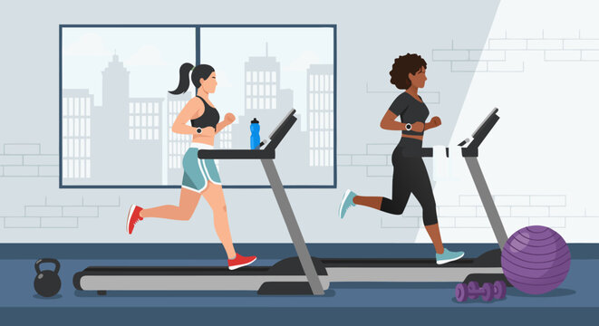 Two women running on treadmills in a gym, symbolizing fitness and healthy lifestyle choices