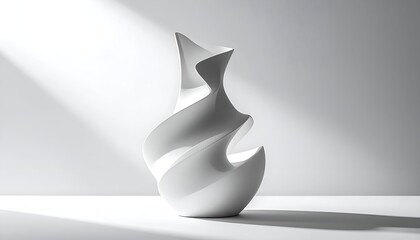 Fototapeta premium A sleek, modern white ceramic vase with a fluid, swirling design. Soft light illuminates the sculpture, highlighting its curves