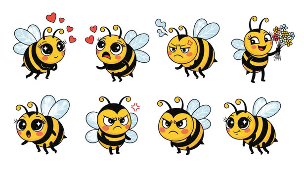 Kawaii cute bee vector set with big eye characters showing love emotion anger and holding flowers isolated on white background for children illustration