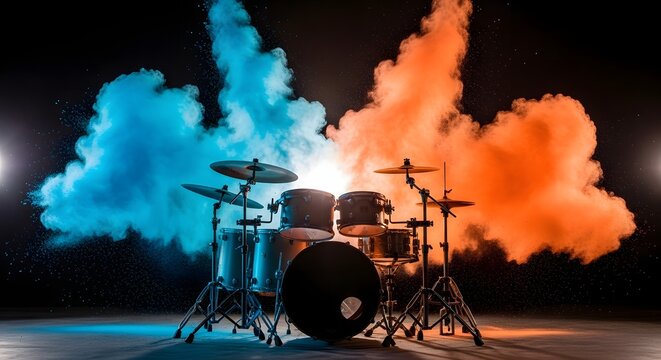 Drum Set on Stage with Blue and Orange Smoke