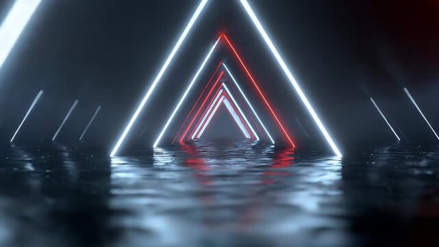 Abstract futuristic animation neon light tunnel with red and blue triangular shapes reflected on wet floor creating dynamic and hypnotic visual experience for backgrounds.