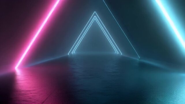 Neon triangular tunnel motion graphics animation of a futuristic corridor with glowing blue and pink lights reflecting on wet floor loop abstract background.