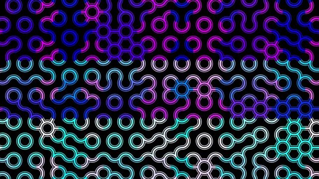 Neon glowing circuit pattern animation on black background