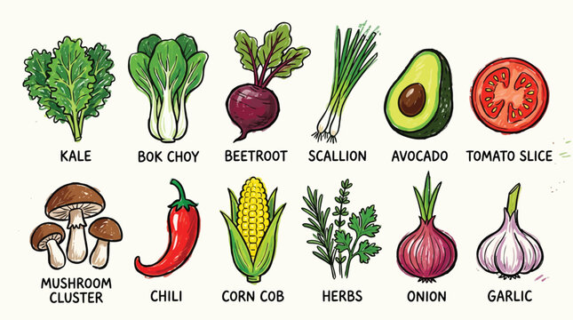 A vibrant illustration showcasing a diverse collection of fresh, healthy vegetables and herbs, artfully arranged for visual appeal.