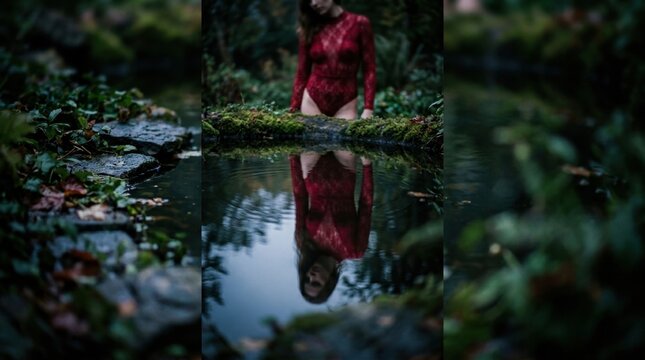Ethereal woman in a red lace bodysuit reflected in a tranquil forest stream, embodying natural beauty and mystery in a serene woodland setting.