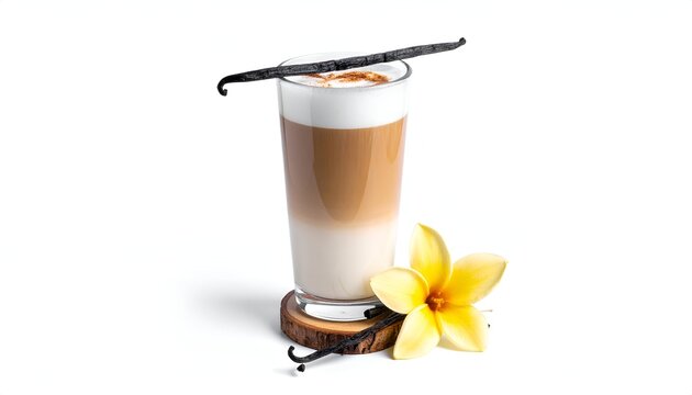 A tall glass beverage with layered colors and a decorative vanilla bean, plus a flower on a wooden coaster against a white backdrop