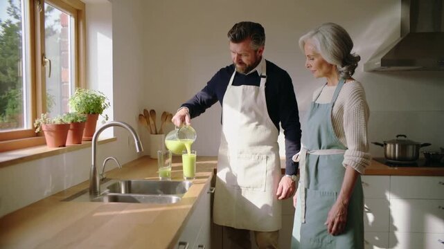 Pouring man tilting pitcher and filling glass at home counter, wearing aprons, serving green drink